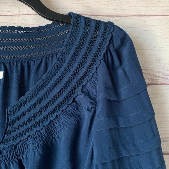 Leifsdottir Blue Dress Gold Beads Tiered Ruffle 3/4 Sleeve Twilight Alice Size 4 - Picture 14 of 16